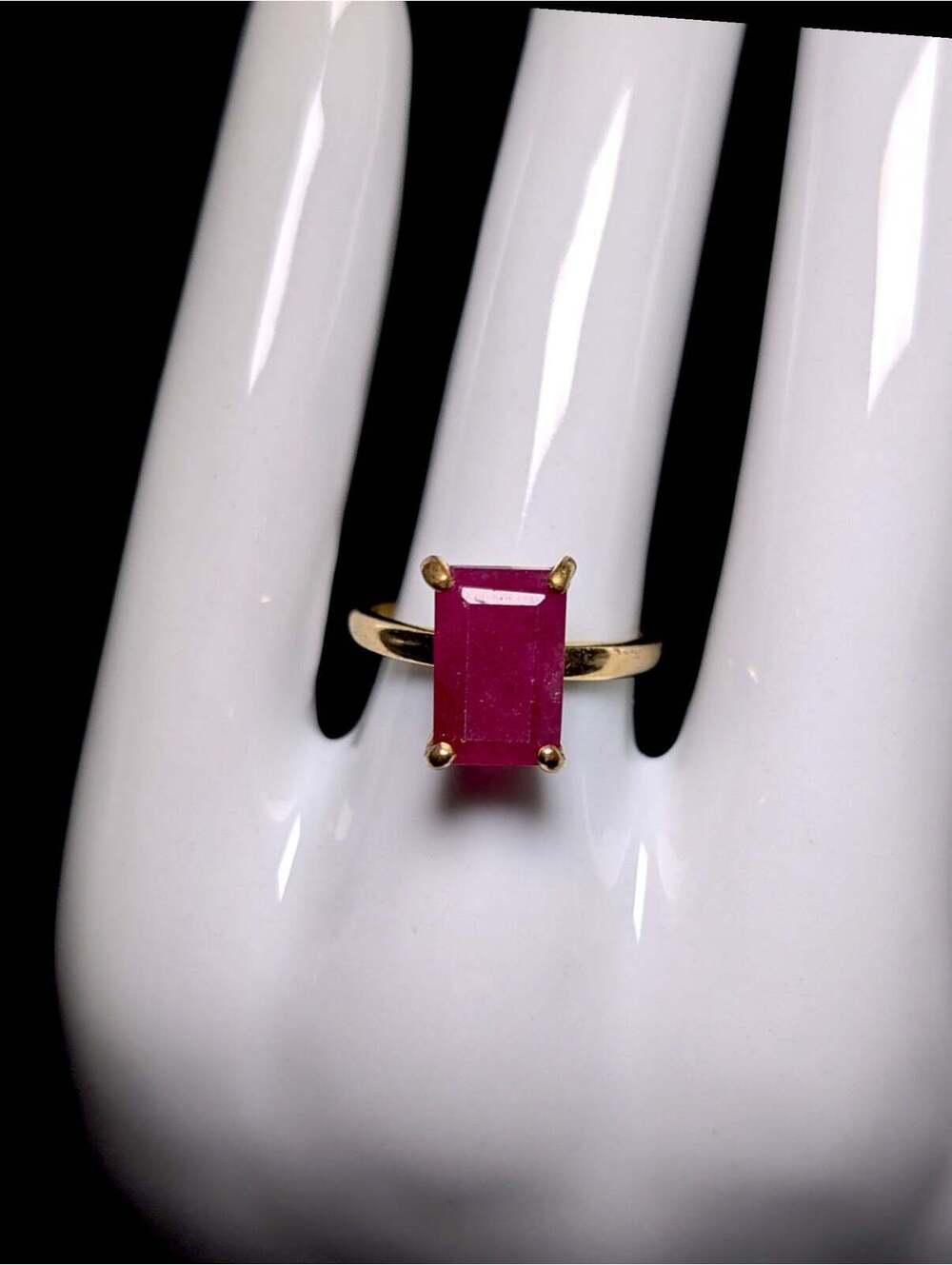 Vintage Emerald Cut Genuine Red Gemstone Solitaire Prong Set 10k Gold Ring